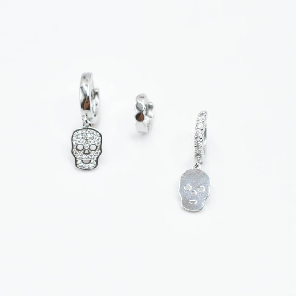 Rhodium Plated Diamond Skull Earring Set of 3 Hoops - Picture 3 of 5